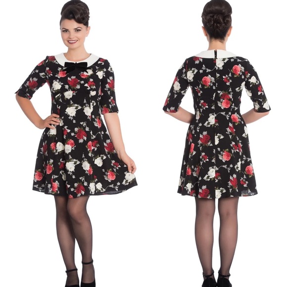 Hell Bunny Dresses & Skirts - Hell Bunny Selma Mini Floral 3/4 Sleeve Mini Dress Black Rose Floral Size Large